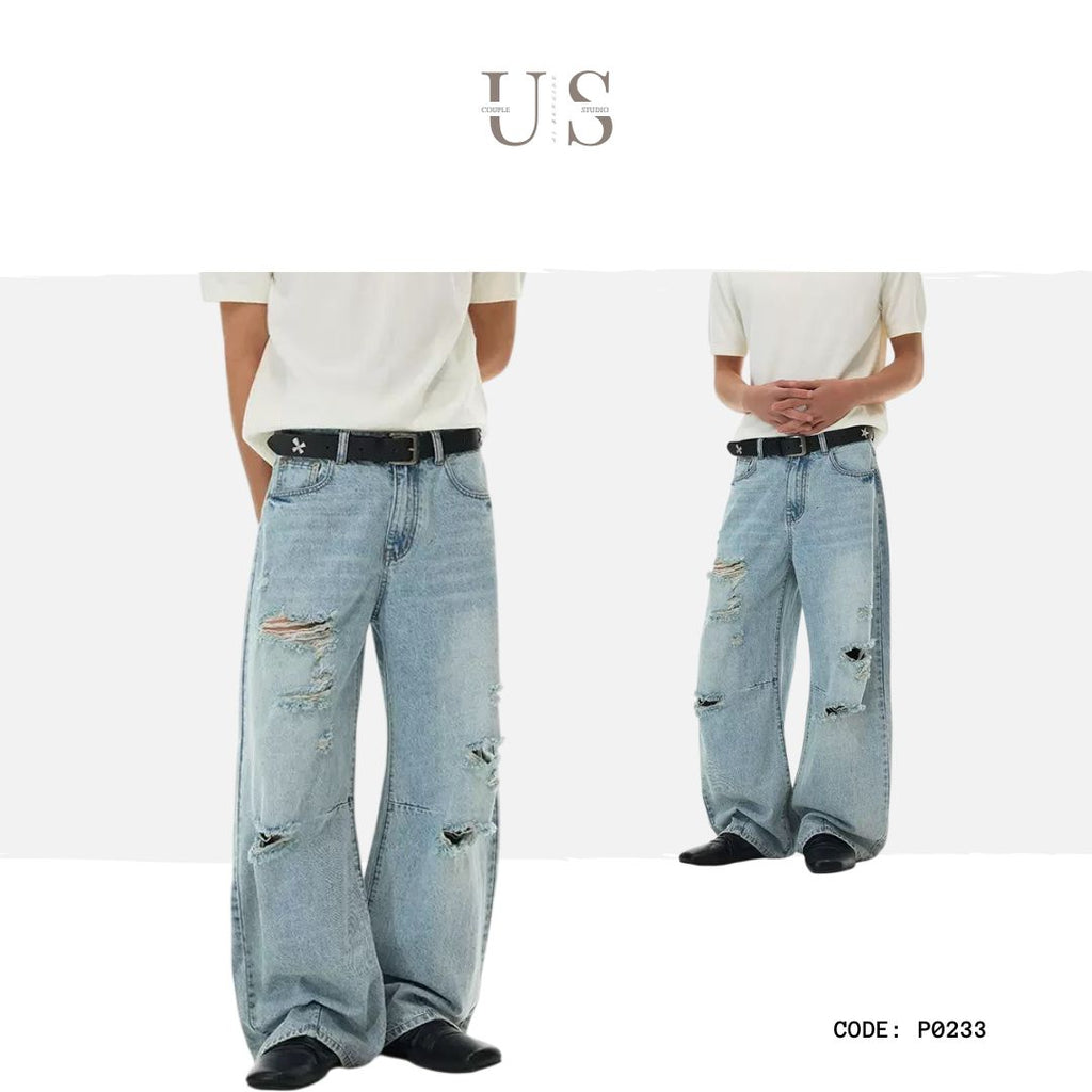 P0233 American-style light blue ripped straight-leg jeans