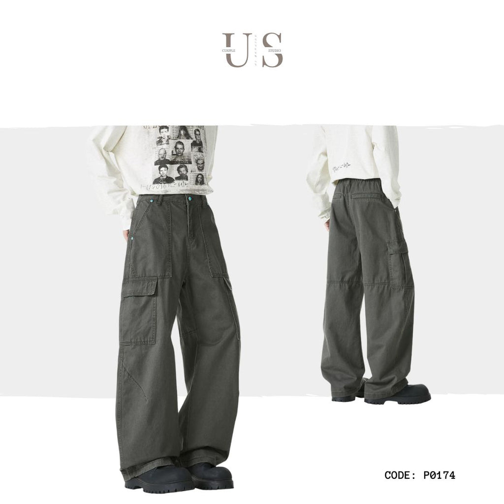 P0174 American pure cotton straight pocket overalls loose wide-leg casual jeans trend