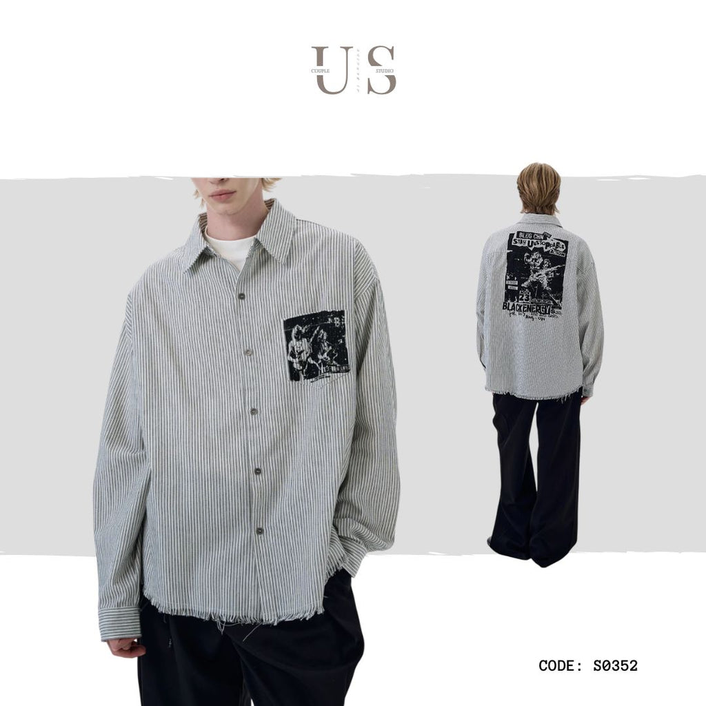 S0352 American retro abstract print striped long-sleeved shirt