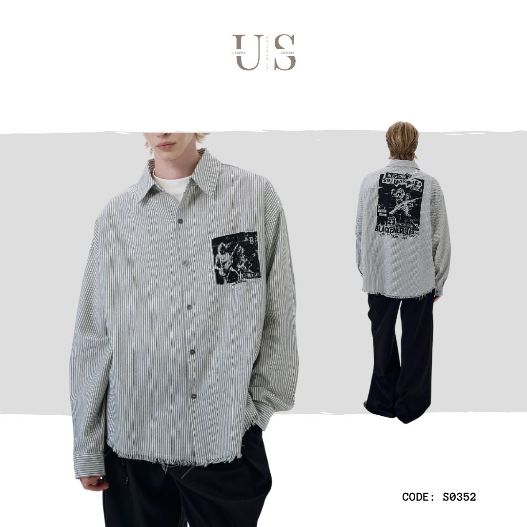 S0352 American retro abstract print striped long-sleeved shirt