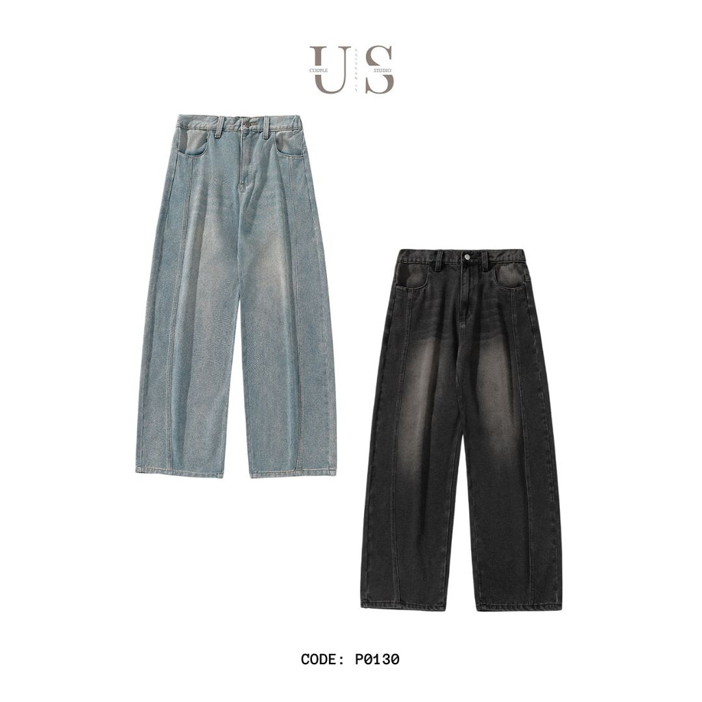 P0130 American retro washed split structure design scimitar loose denim trousers