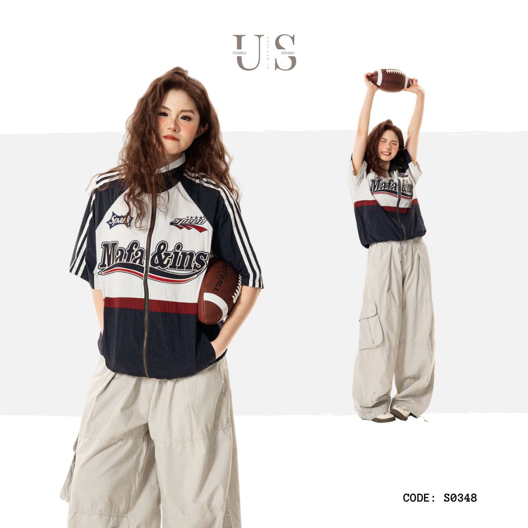 S0348 American Retro Embroidered Racing National Trend Brand Ins Hip-Hop Loose Stand Collar Zipper Short-Sleeve Shirt
