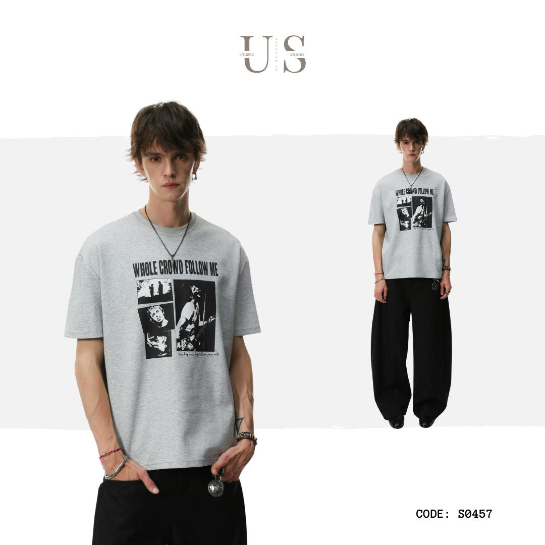 S0457 American Retro Streetwear Design ROCK Print Gray Loose Short-Sleeve T-Shirt