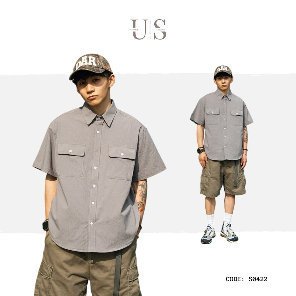 S0422 Japanese-style DuPont Sorona bubble fabric cool quick-drying loose-fitting short-sleeved five-point shirt