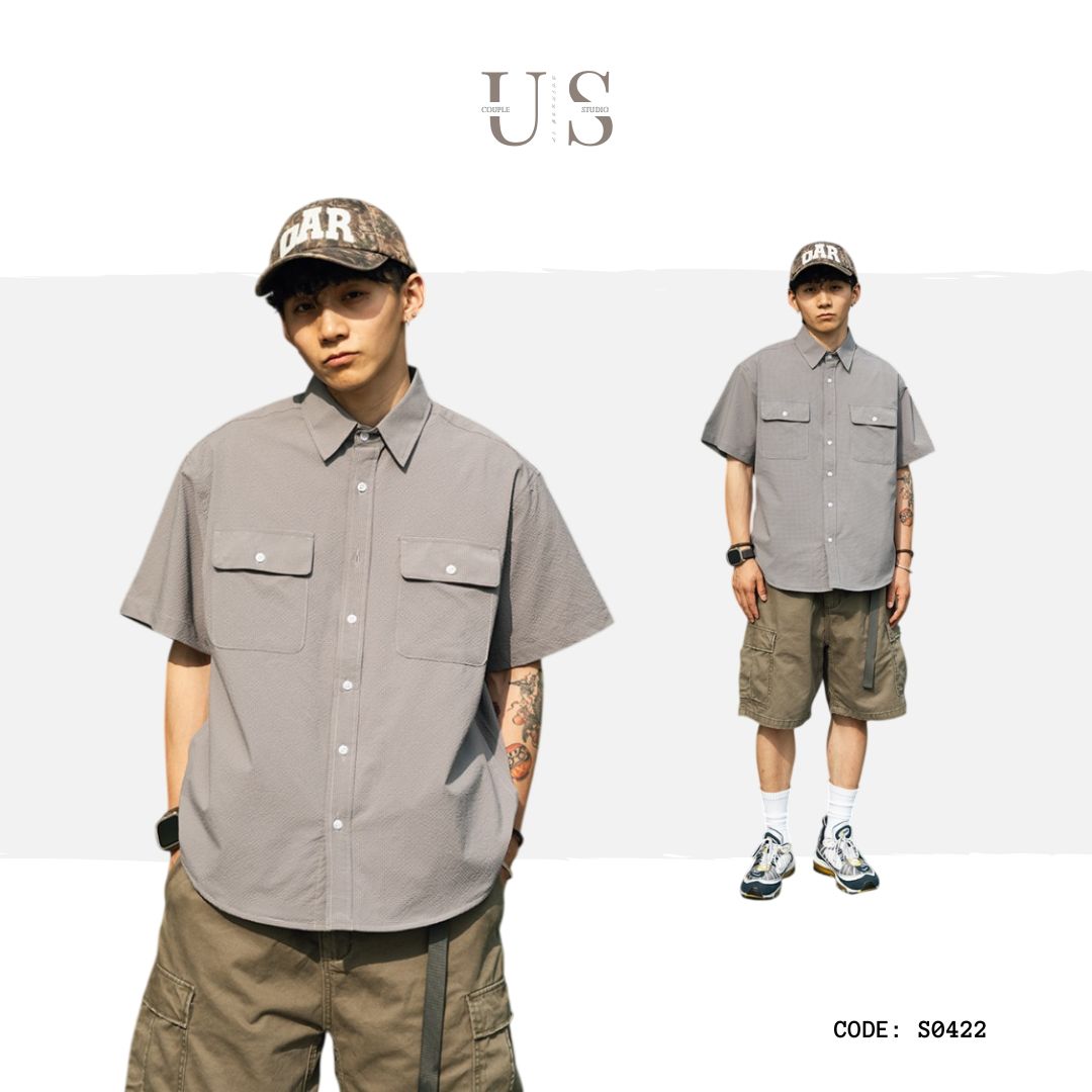 S0422 Japanese-style DuPont Sorona bubble fabric cool quick-drying loose-fitting short-sleeved five-point shirt