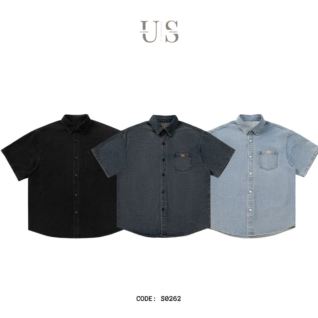 S0262 American aged washed denim short-sleeved shirt
