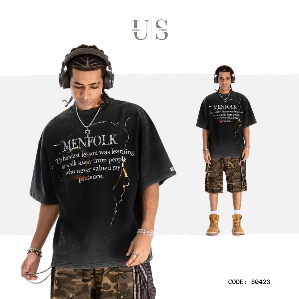 S0423 American streetwear brand flame slogan distressed print washed short-sleeved T-shirt