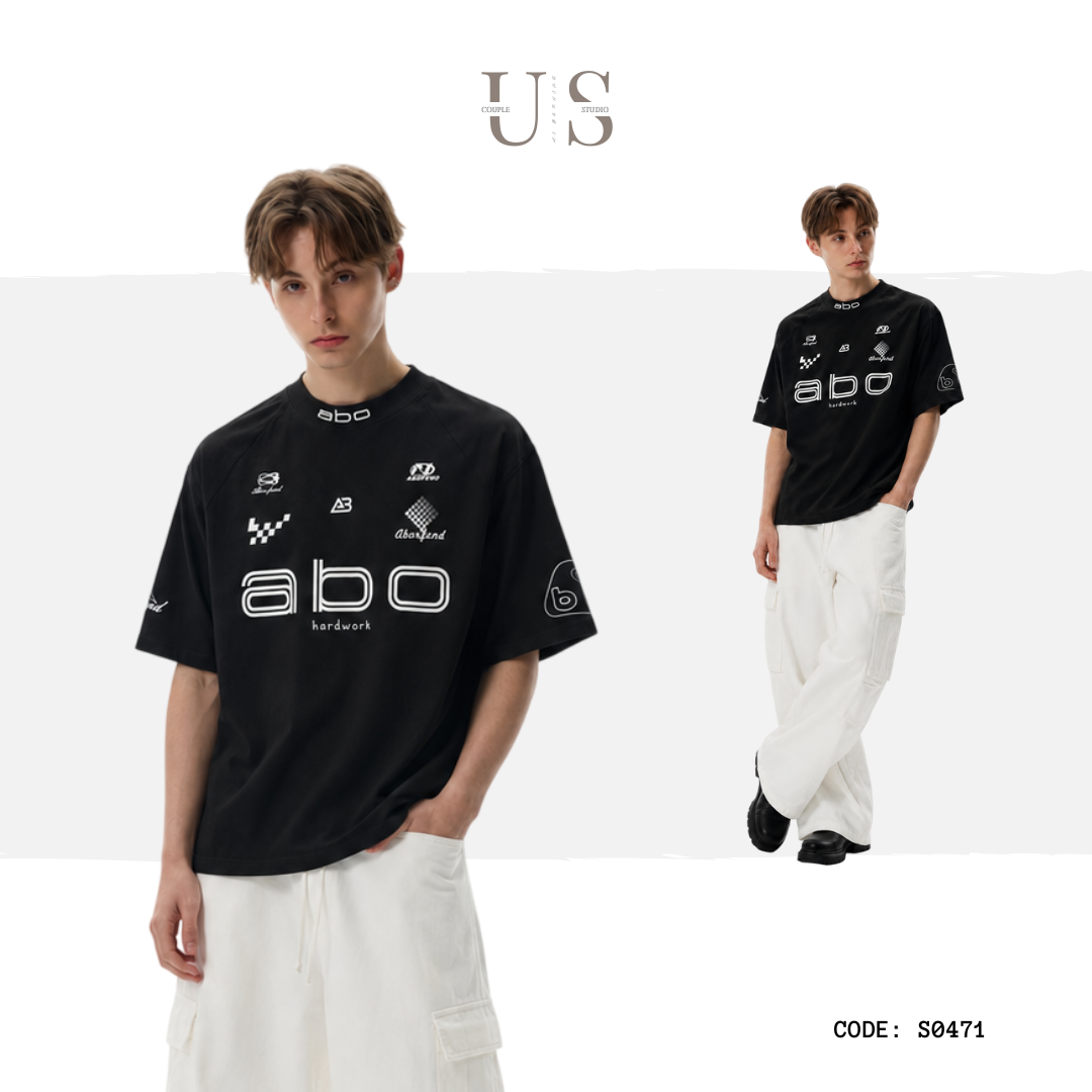 S0471 American oversize letter print racing versatile short-sleeved T-shirt
