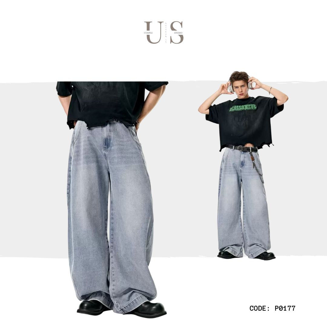 P0177 American street style baggy sickle wide leg outline washed denim scimitar pants