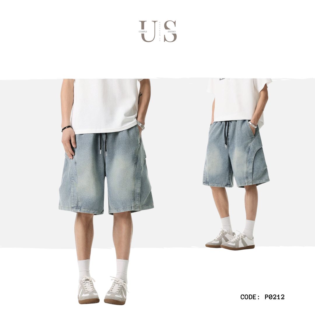 P0212 Japanese-style 3D pleated cropped short jeans