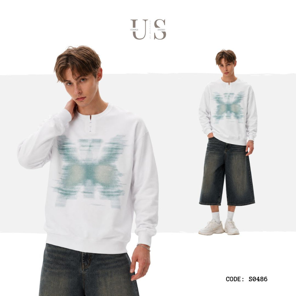 S0486 American-style blurred-print Henley-collar pullover sweatshirt