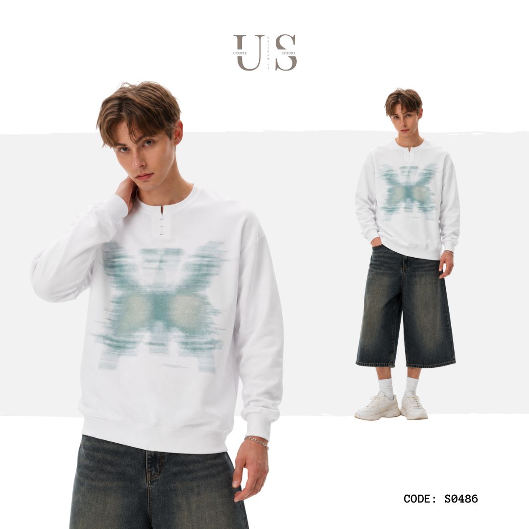 S0486 American-style blurred-print Henley-collar pullover sweatshirt