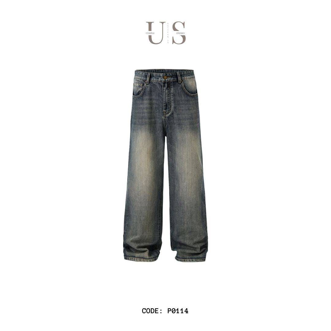 P0114 American Retro Loose Straight Heavy Duty Washed Slub Jeans