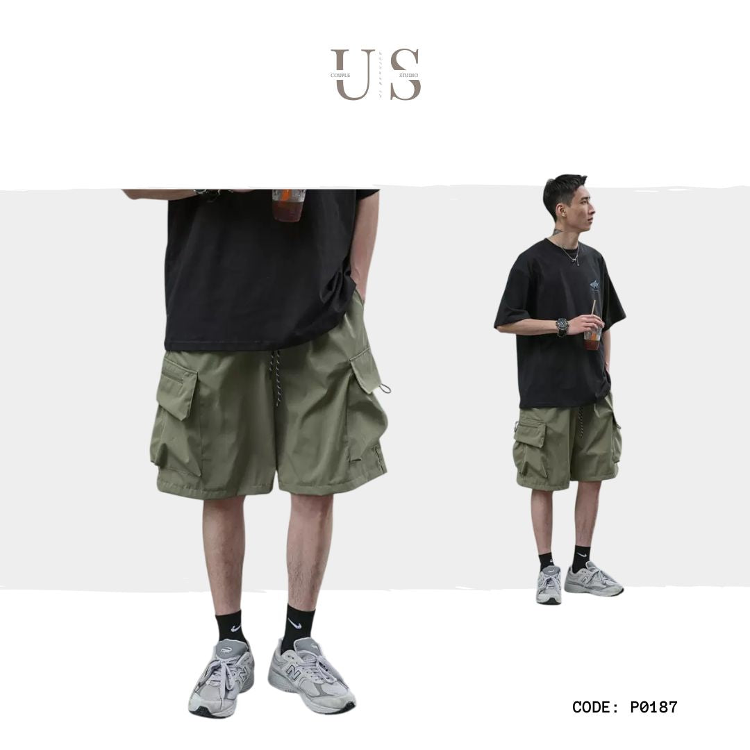 P0187 Japanese Style Functional Cargo Shorts Cityboy Loose Five-Quarter Pants