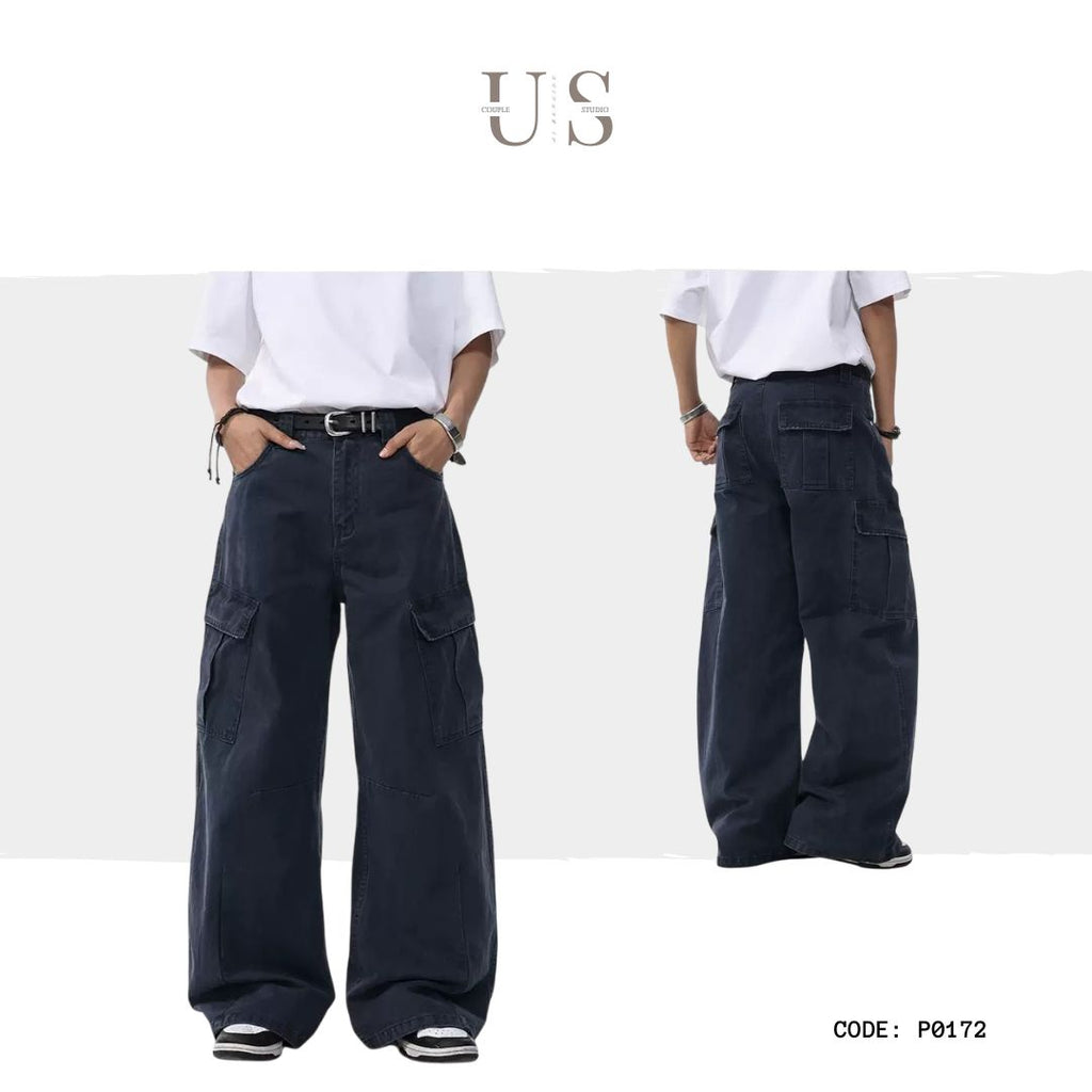 P0172 American Street Retro Deconstructed Scimitar Vibe Loose Straight Wide-Leg Cargo Pants
