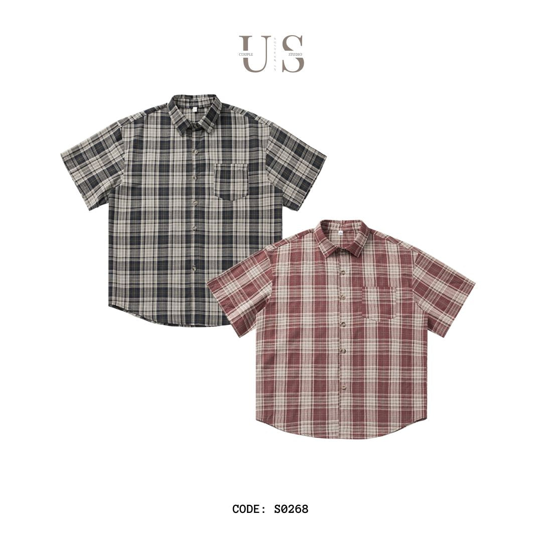 S0268 HK Style retro contrast plaid short-sleeved shirt