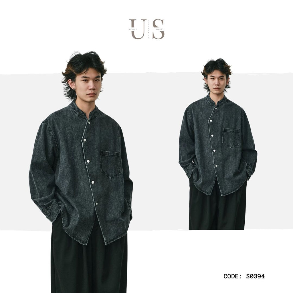 S0394 New Chinese Retro Washed Stand Collar Denim Shirt