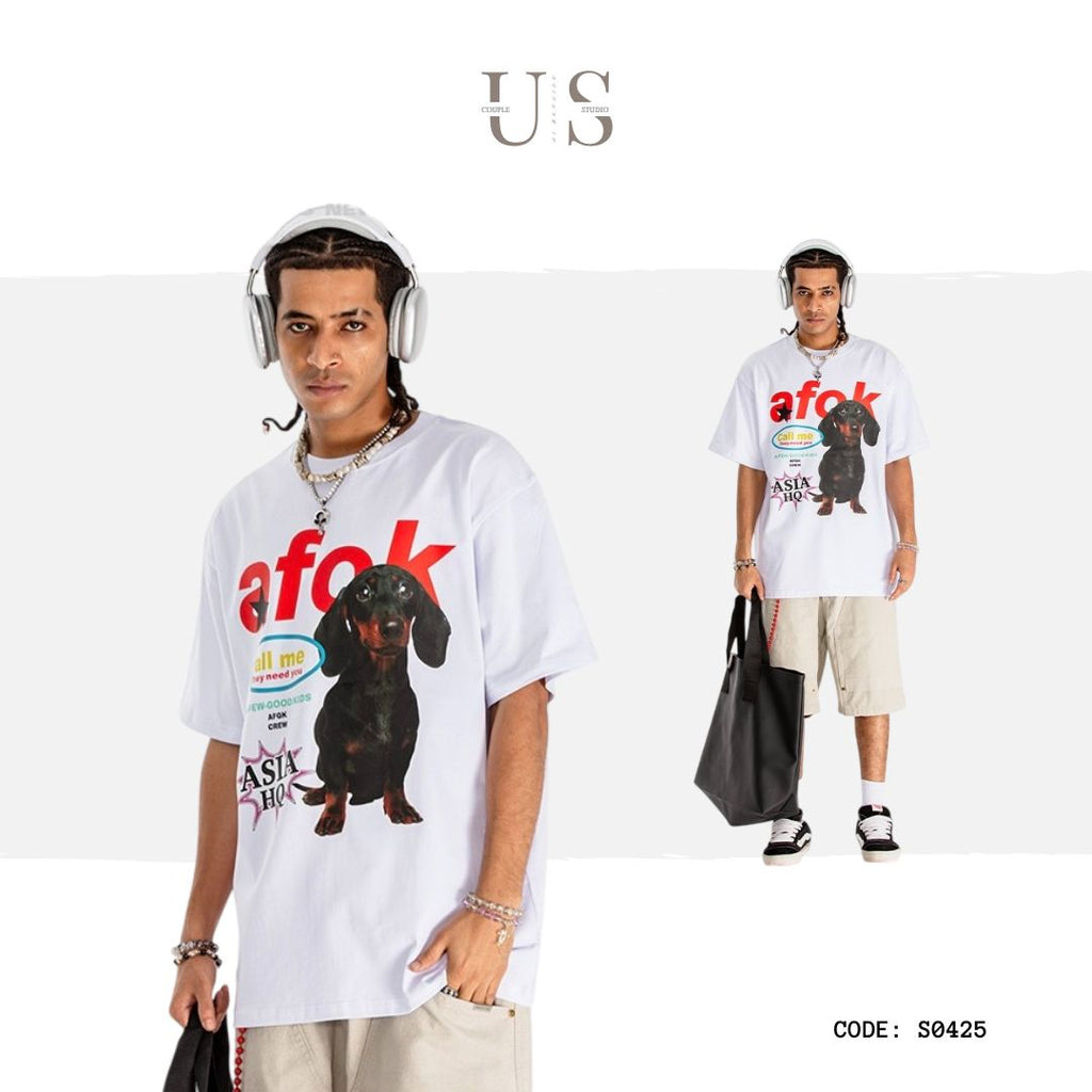 S0425 American streetwear brand, dachshund print oversize couple's T-shirt