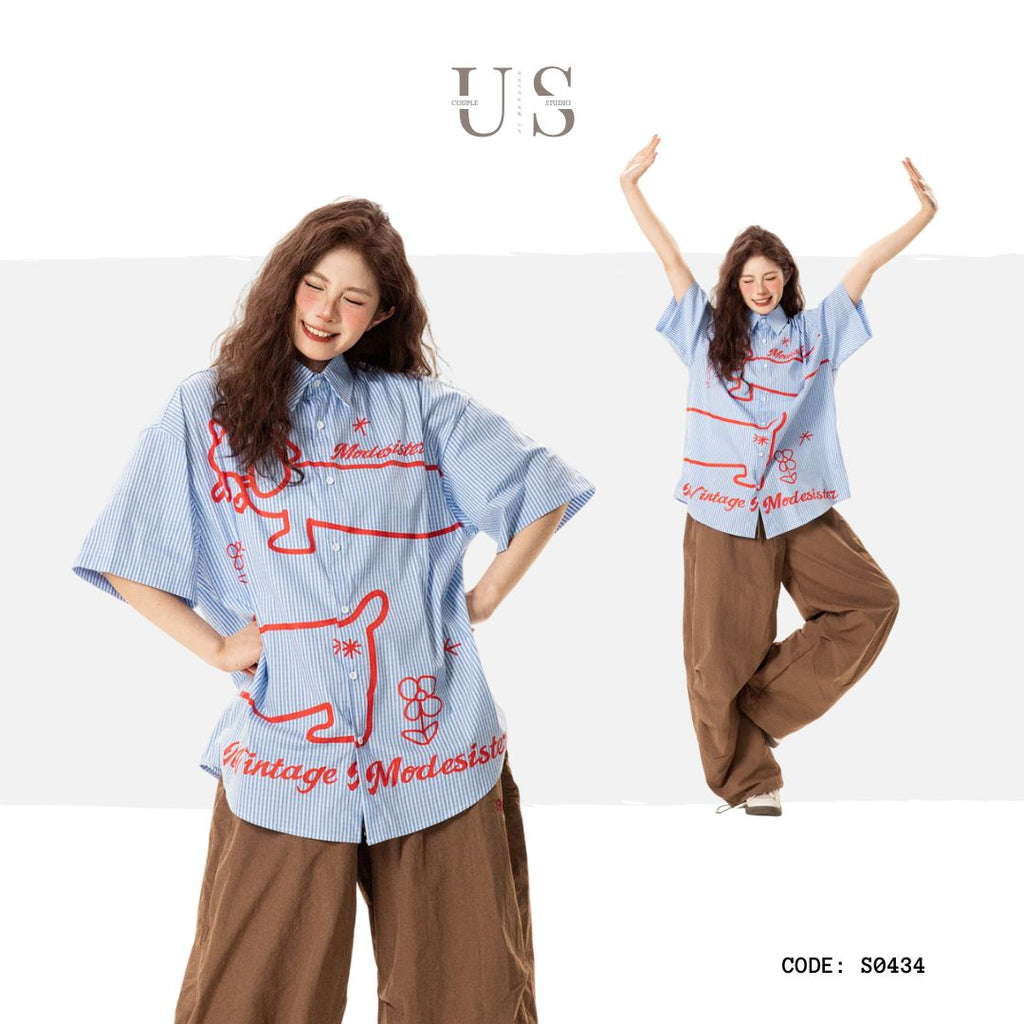 S0434 American Retro Fun Puppy Print Striped Short-Sleeve Shirt