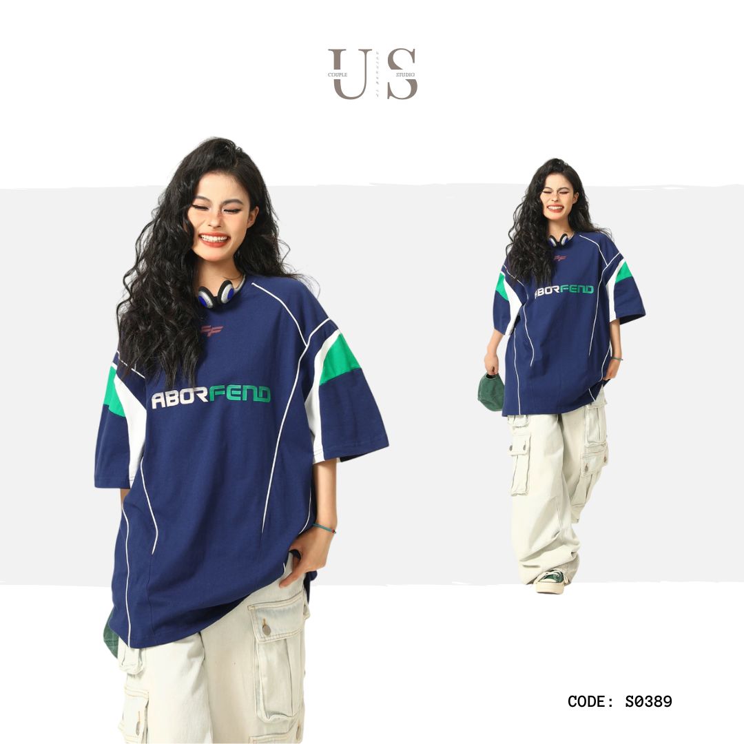S0389 American-style patchwork functional loose-fitting jersey T-shirt