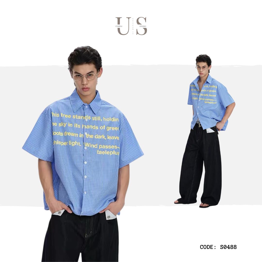 S0483 American-style plaid letter design short-sleeved shirt