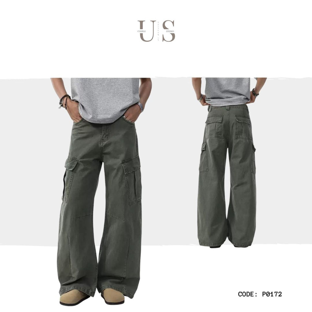 P0172 American Street Retro Deconstructed Scimitar Vibe Loose Straight Wide-Leg Cargo Pants