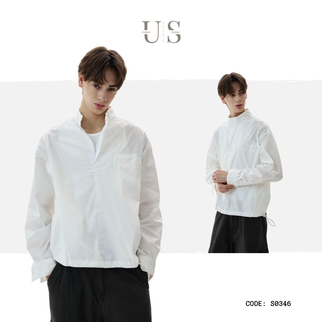 S0346 American-style short drawstring high-end half-zip stand-up collar loose pullover shirt