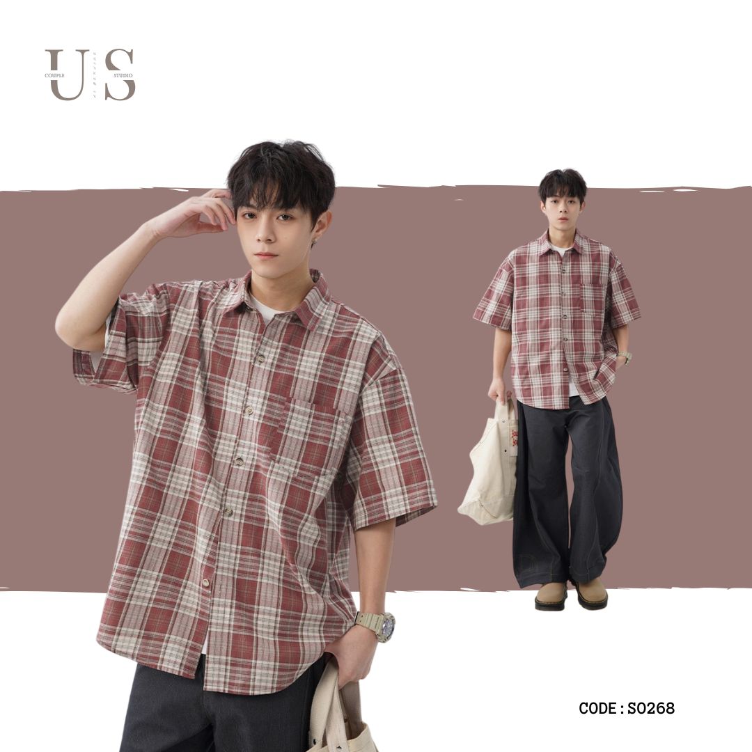 S0268 HK Style retro contrast plaid short-sleeved shirt