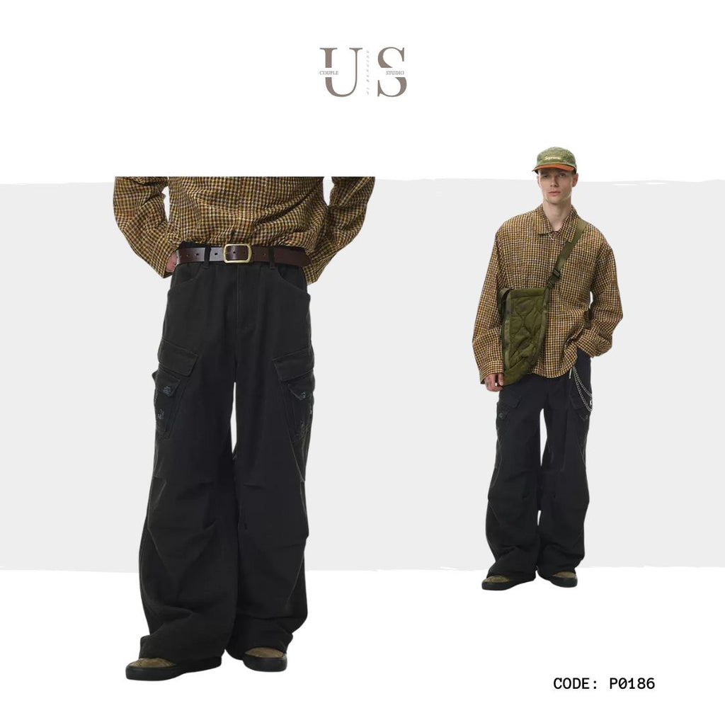 P0186 American street style washed distressed multi-pocket cargo pants