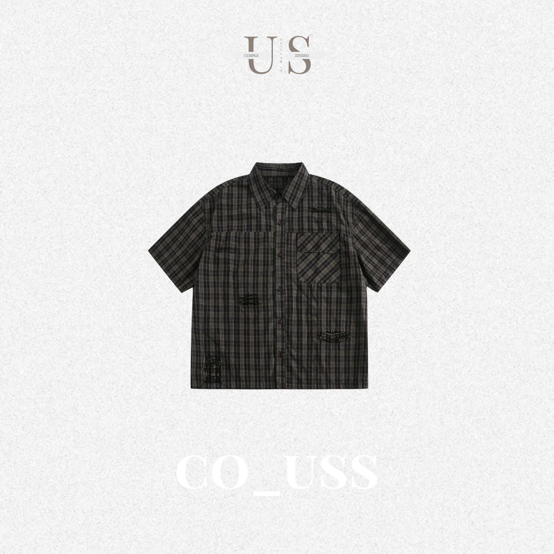 S0350 American Retro Turn-Down Collar Plaid Ripped Trendy Brand Loose Versatile Shirt