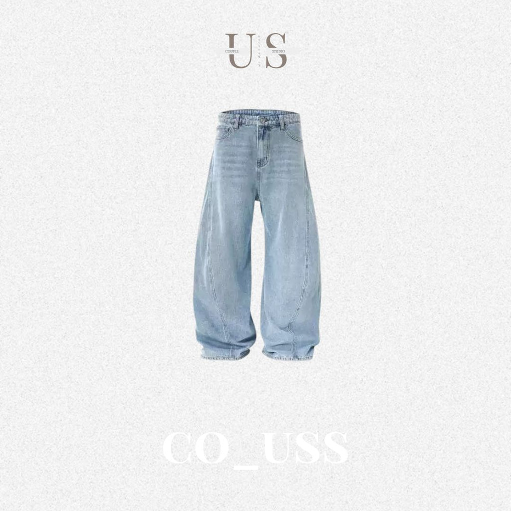 P0242 American Vintage-Style Washed Distressed Curved-Cut Whiskering Jeans