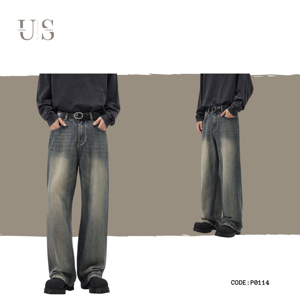 P0114 American Retro Loose Straight Heavy Duty Washed Slub Jeans