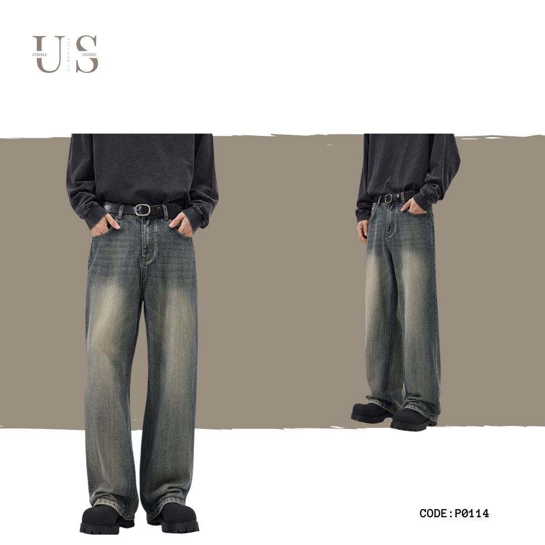 P0114 American Retro Loose Straight Heavy Duty Washed Slub Jeans