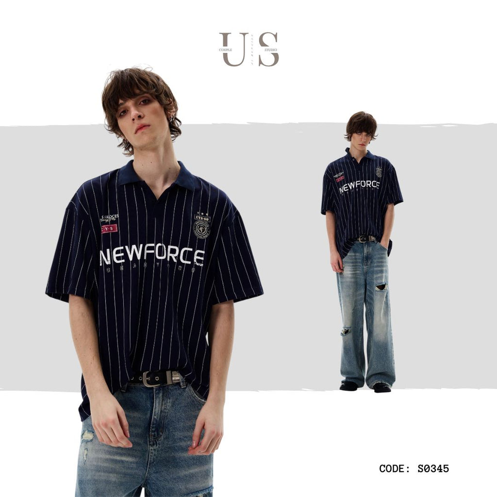 S0345 Vertical Stripe Letter Print Short-sleeved Polo Shirt