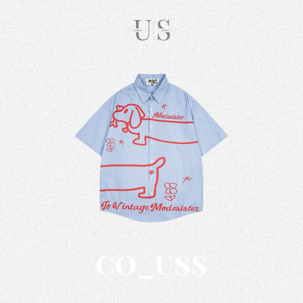 S0434 American Retro Fun Puppy Print Striped Short-Sleeve Shirt