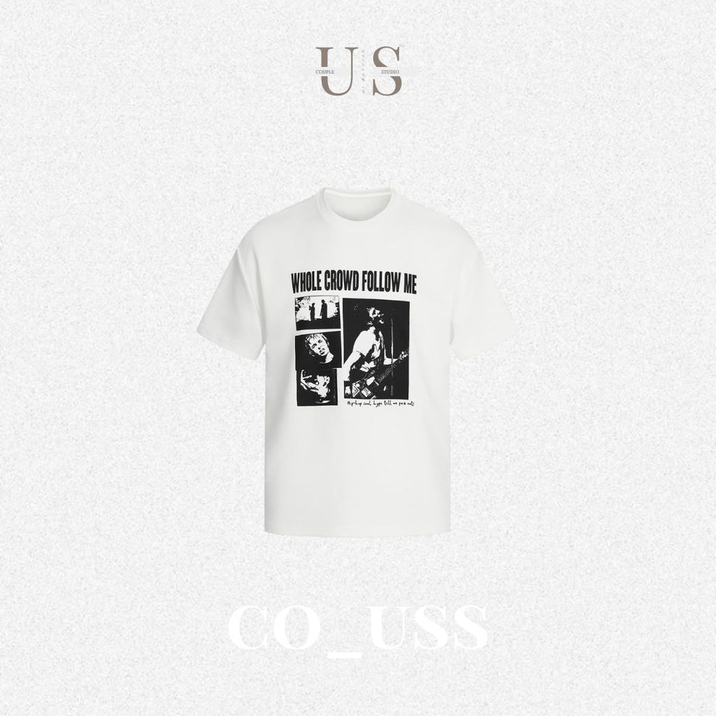 S0457 American Retro Streetwear Design ROCK Print Gray Loose Short-Sleeve T-Shirt