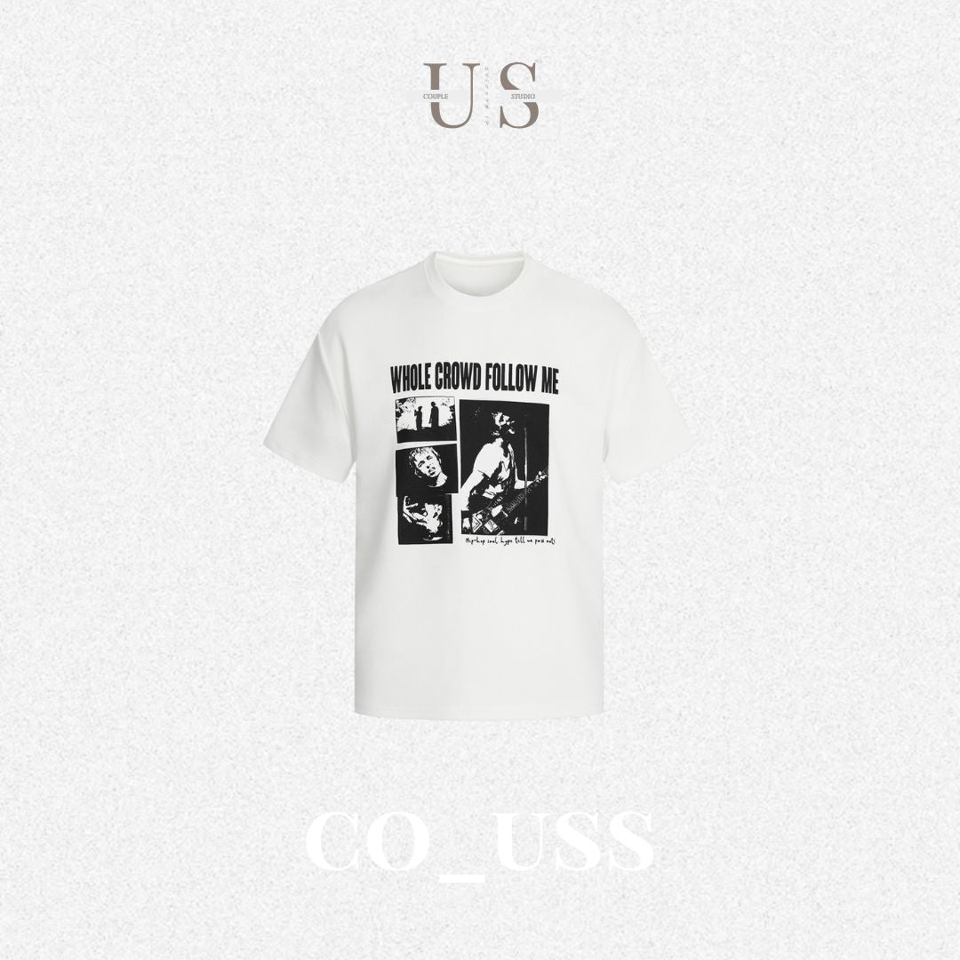 S0457 American Retro Streetwear Design ROCK Print Gray Loose Short-Sleeve T-Shirt