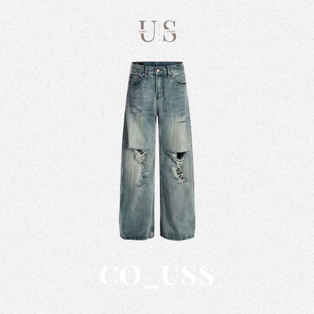 P0215 American vintage street style high-end washed blue distressed oversize men's curved blade jeans