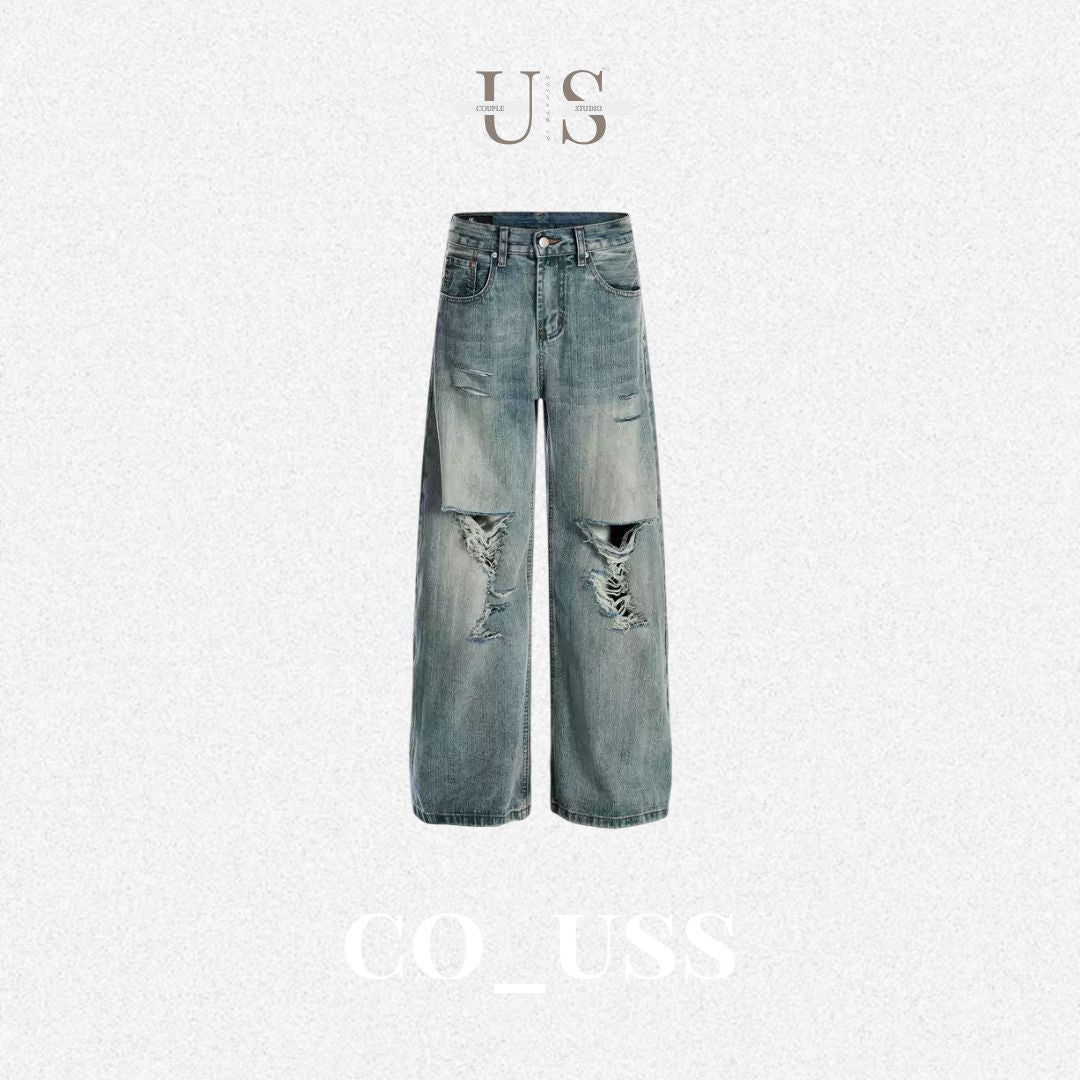 P0215 American vintage street style high-end washed blue distressed oversize men's curved blade jeans