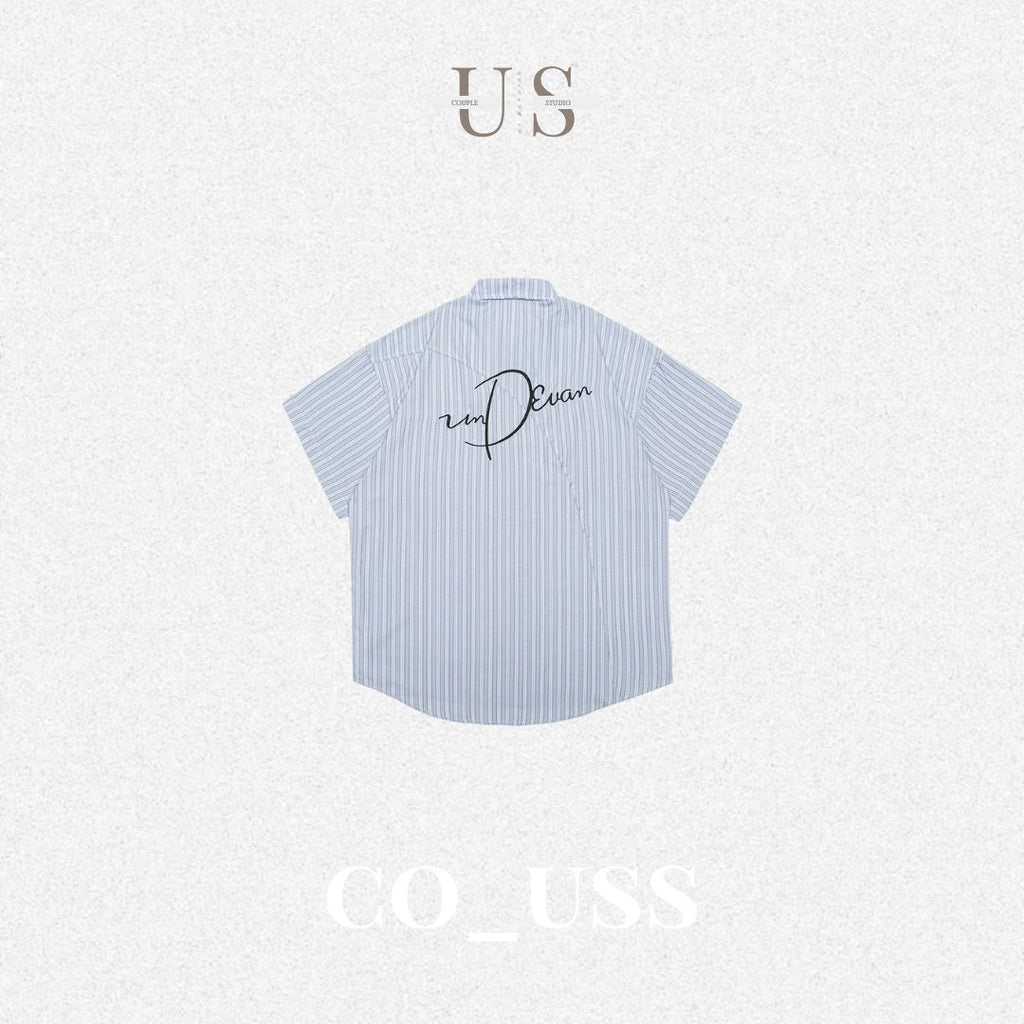 S0470 Japanese-style striped letter embroidered short-sleeved shirt