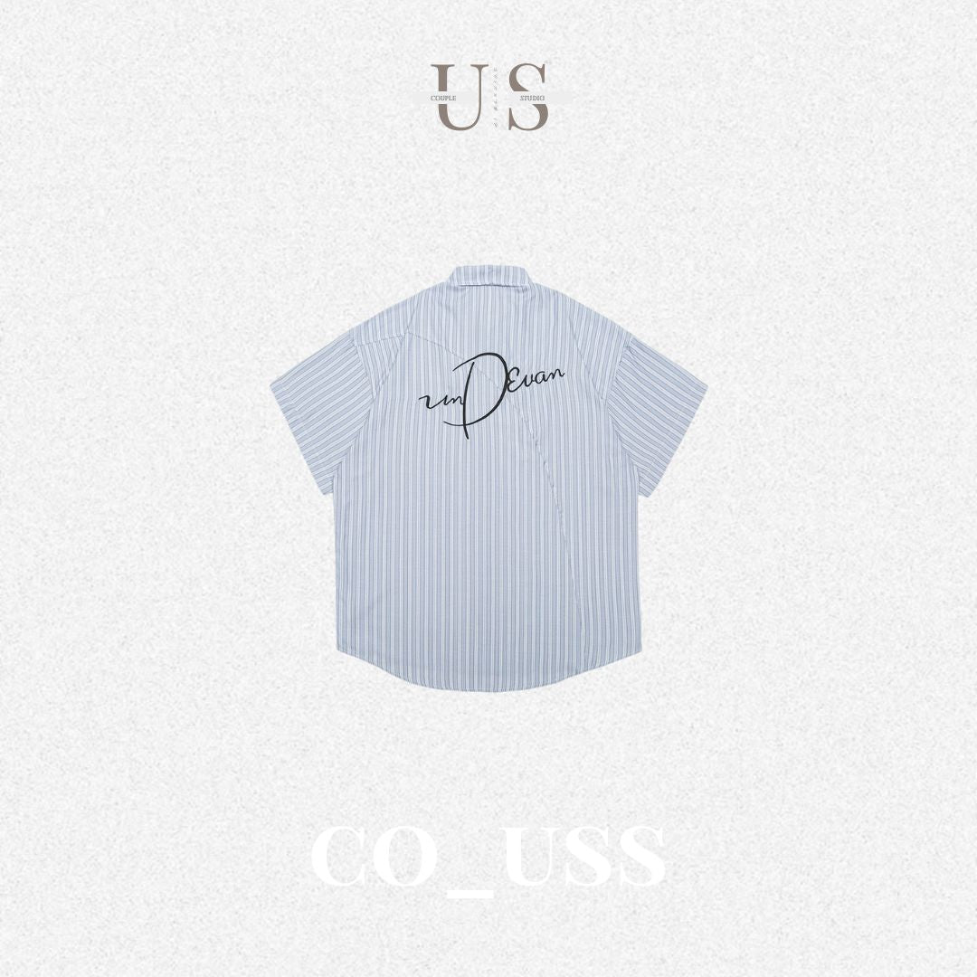 S0470 Japanese-style striped letter embroidered short-sleeved shirt