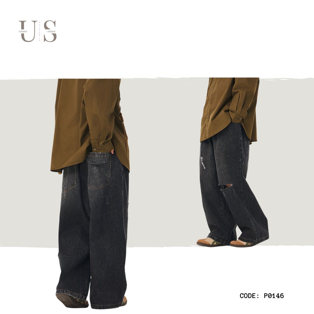 P0146 America style retro washed old knife cut hole jeans men's loose straight pants