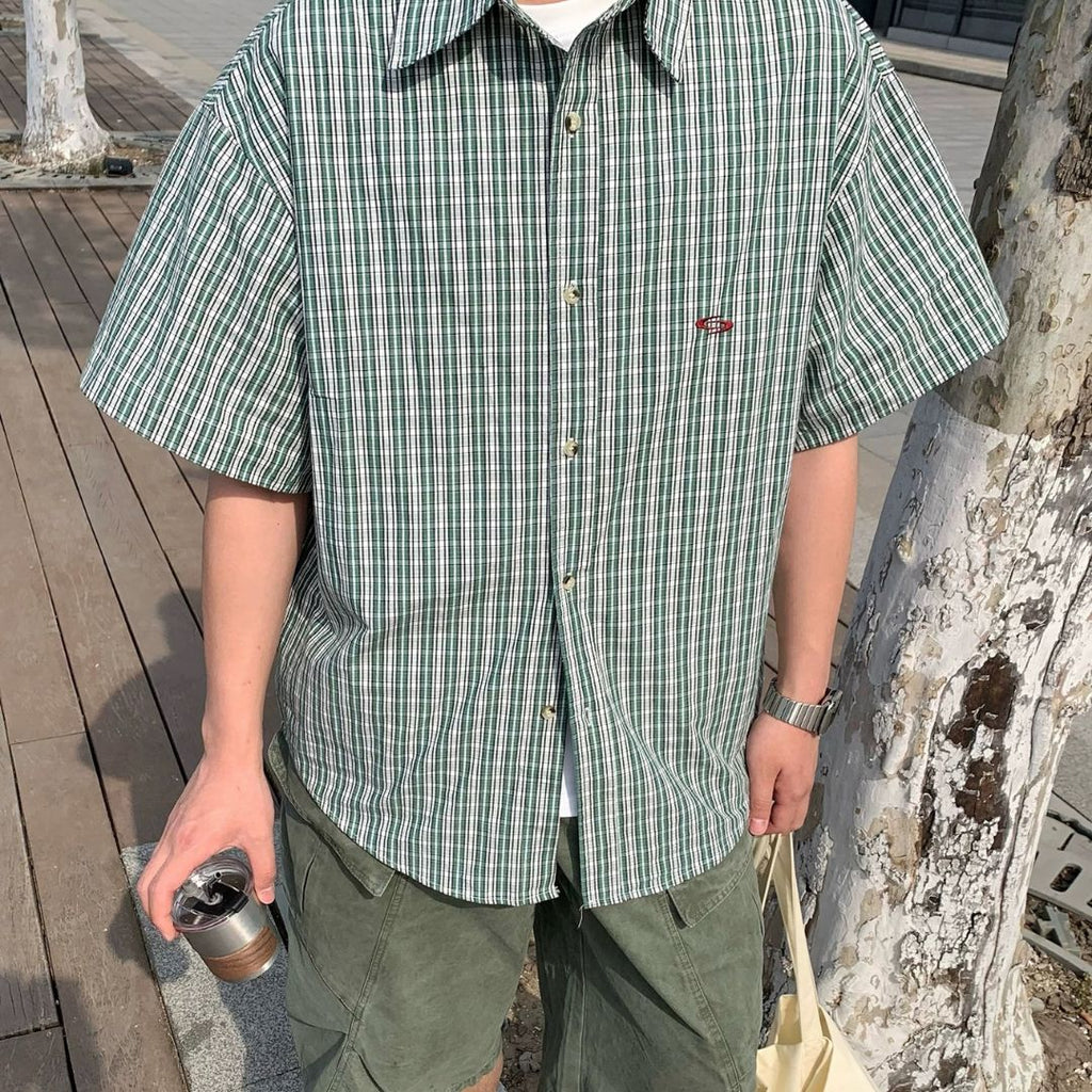 S0302 Japanese loose casual plaid short-sleeved shirt