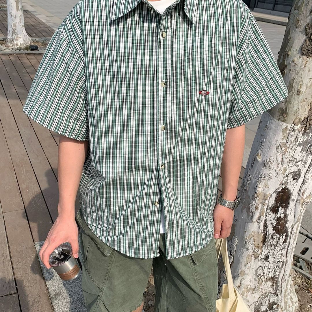 S0302 Japanese loose casual plaid short-sleeved shirt