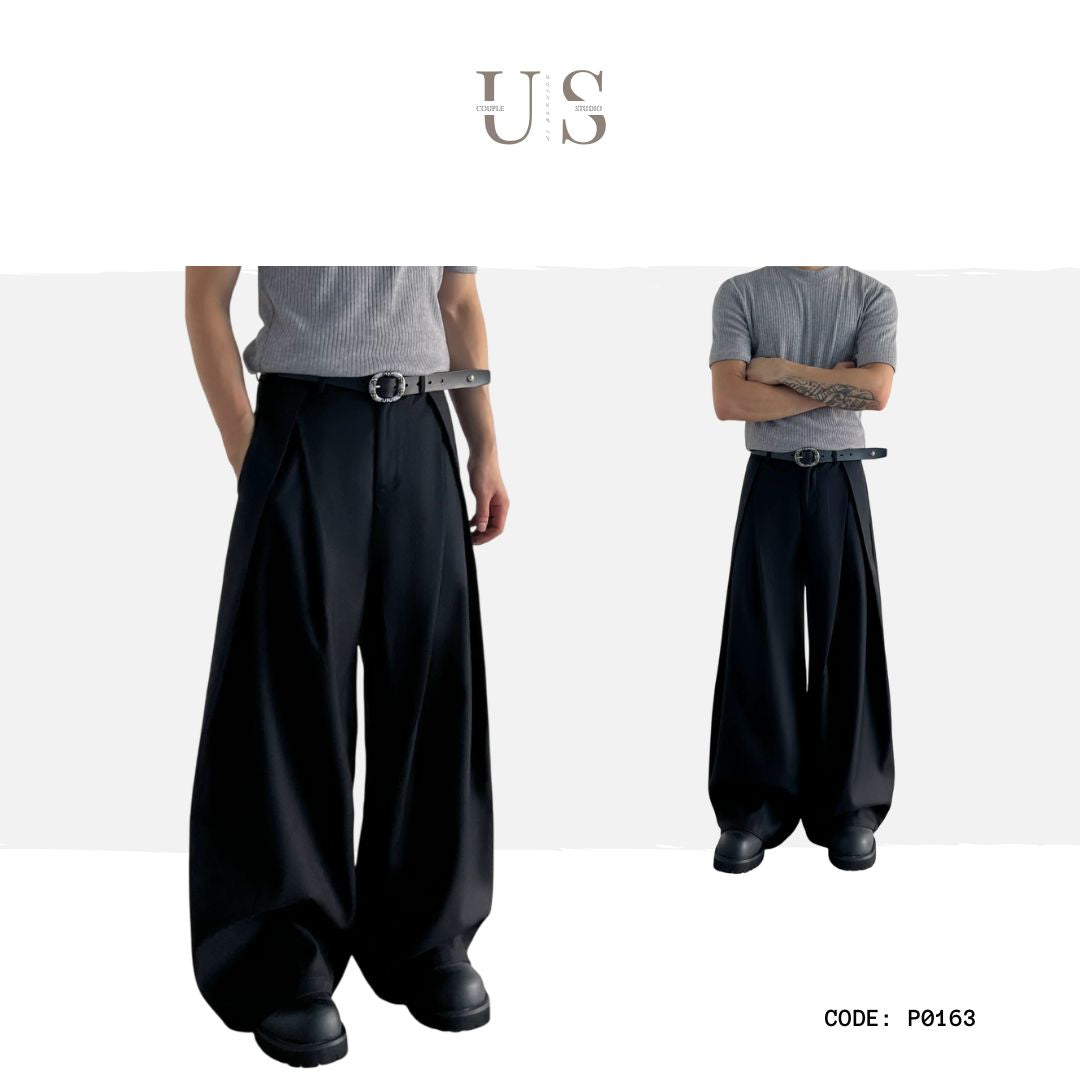 P0163 American Retro Unisex Trendy Pleated Deconstructed Design Men's Loose Fit Casual Trousers