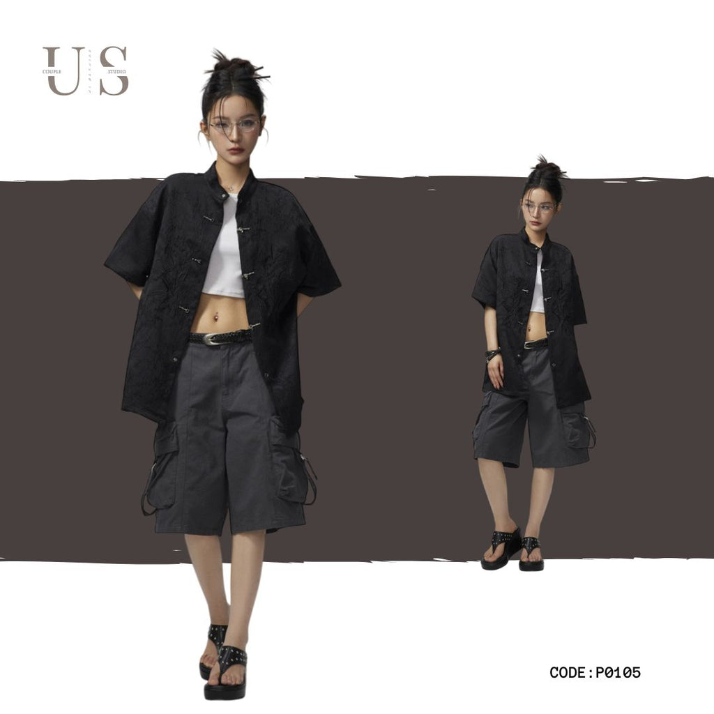 S0212 New Chinese style stand collar embroidered short sleeve shirt