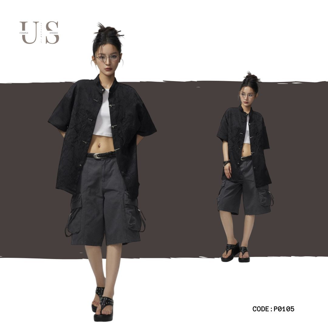 S0212 New Chinese style stand collar embroidered short sleeve shirt