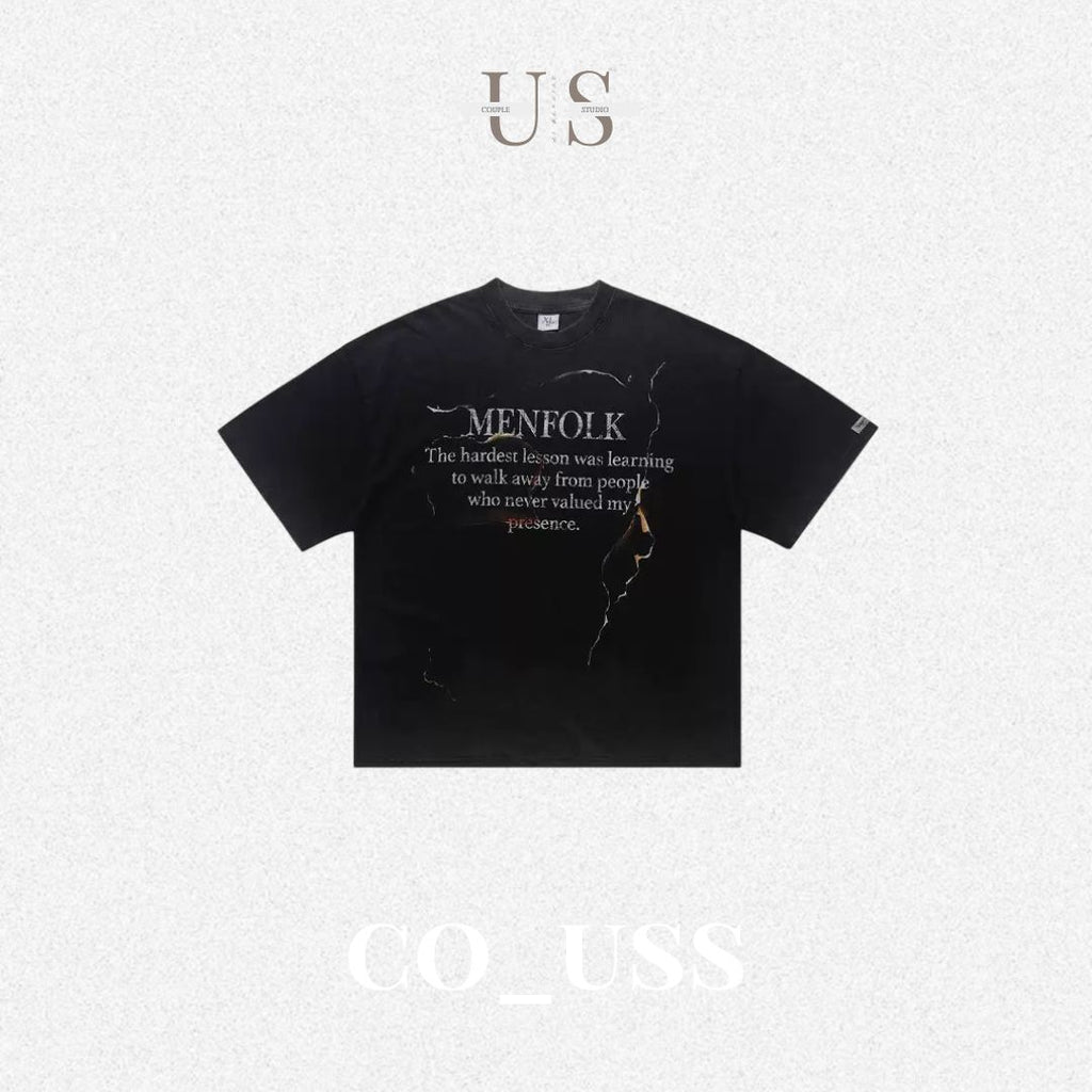 S0423 American streetwear brand flame slogan distressed print washed short-sleeved T-shirt