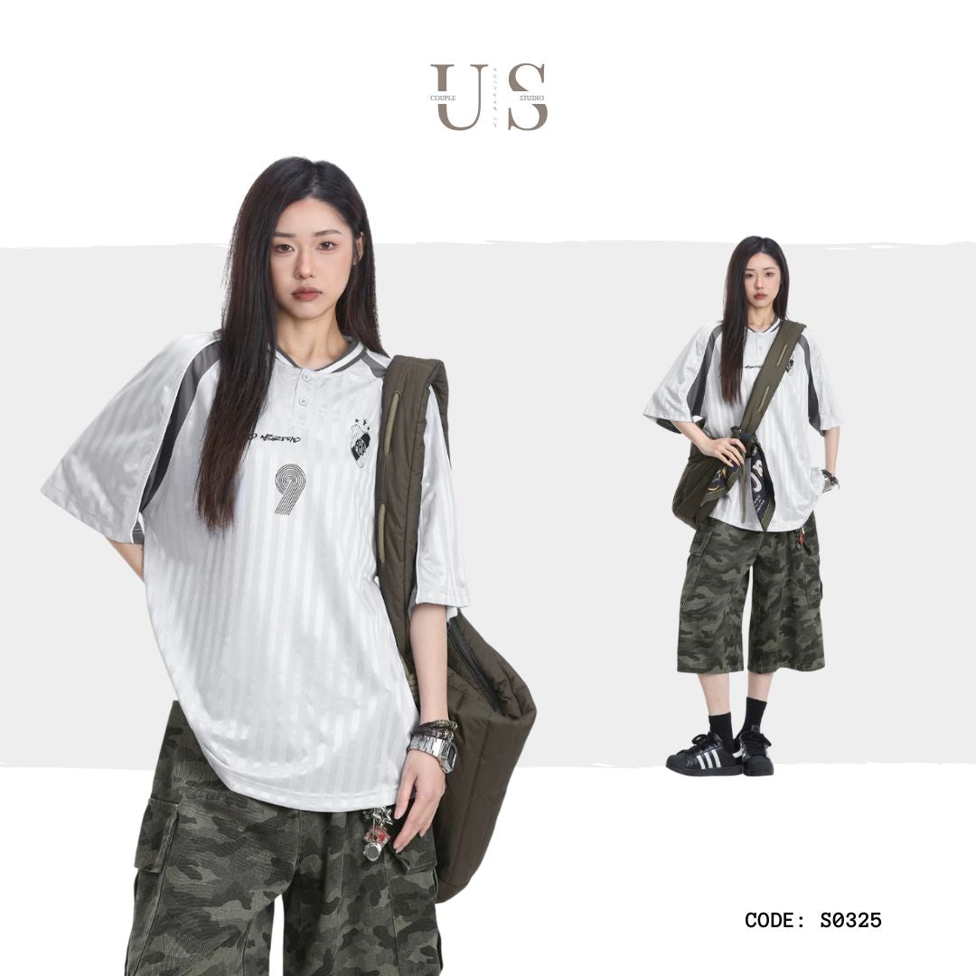 S0325 American trendy high street jersey style V-neck short-sleeved T-shirt