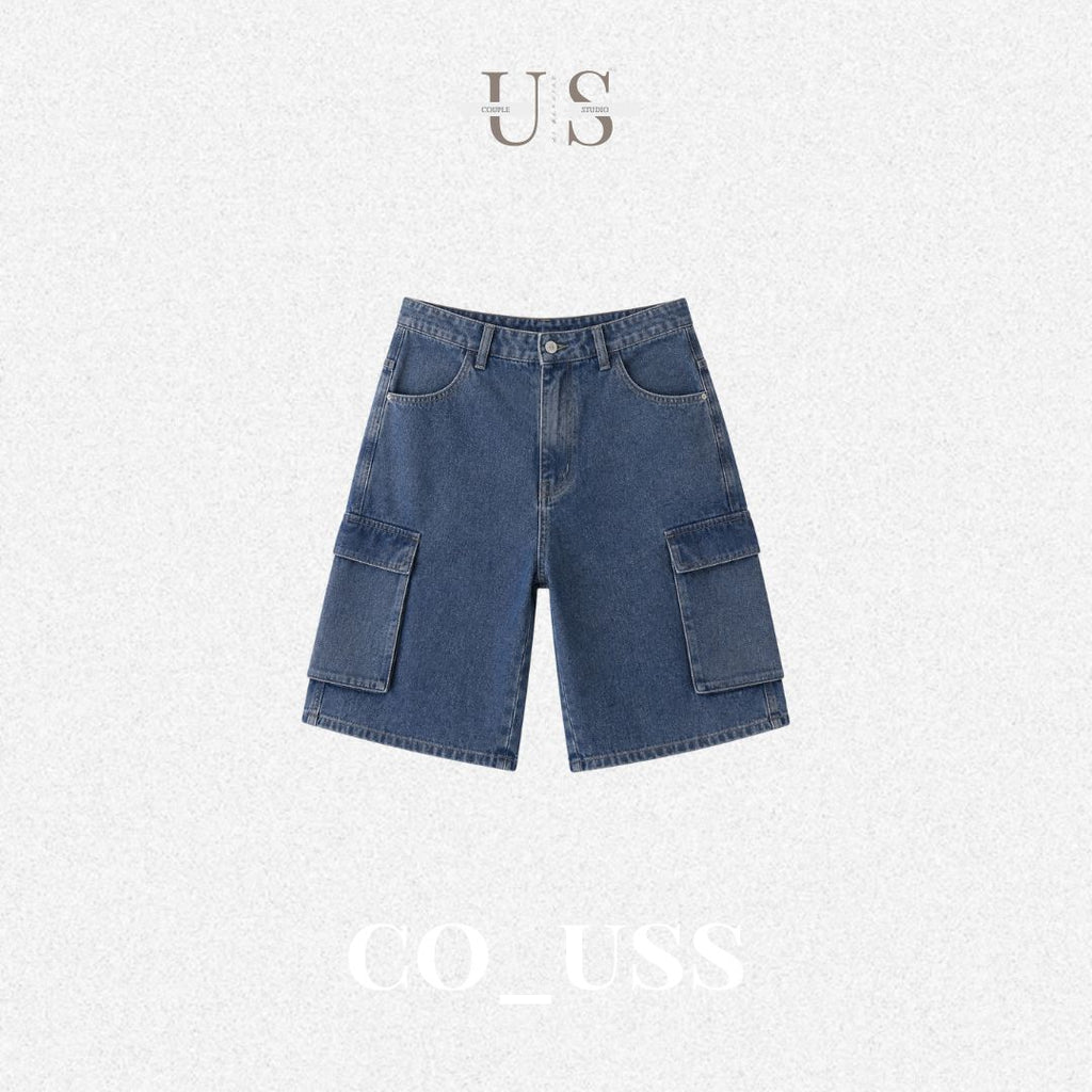P0230American-style washed denim cargo shorts